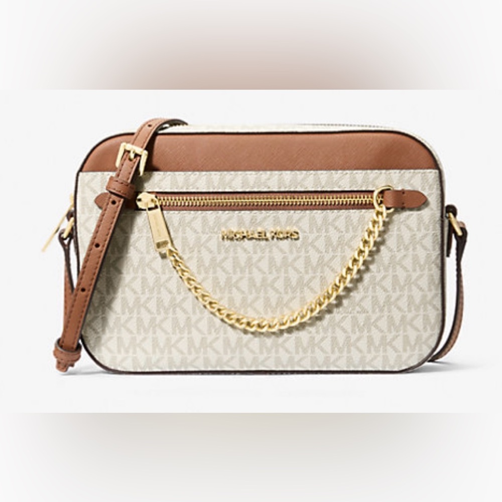 Michael Kors Brown and Cream Jet Set Large Logo Crossbody Bag
